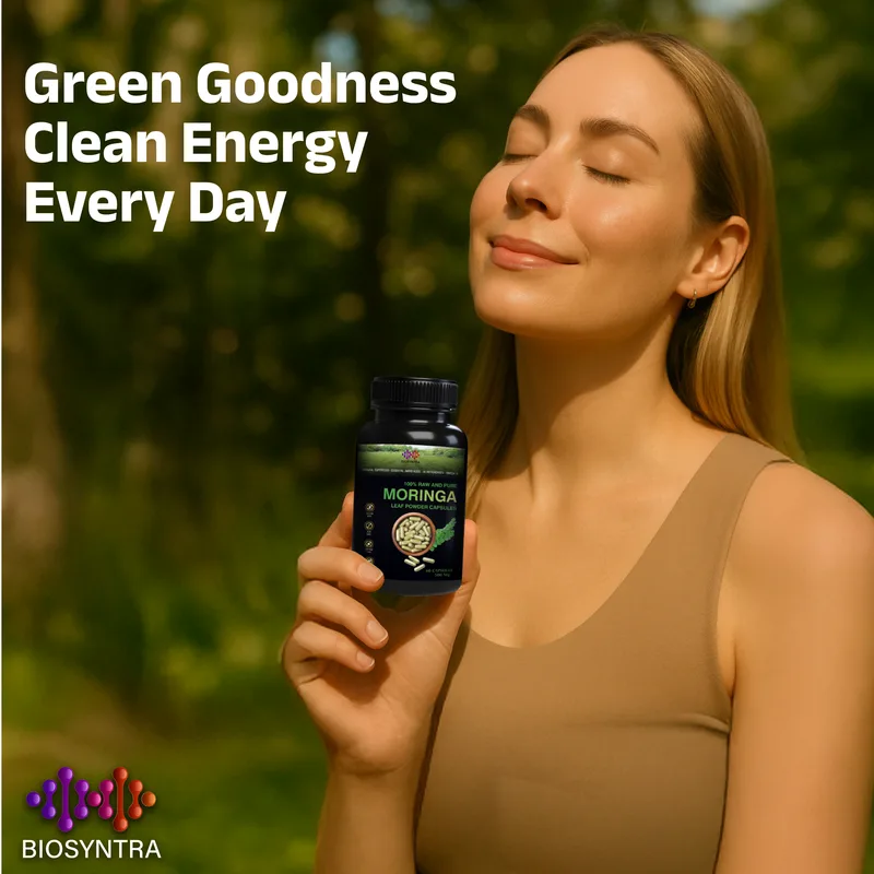 Woman enjoying nature holding Biosyntra Moringa capsules